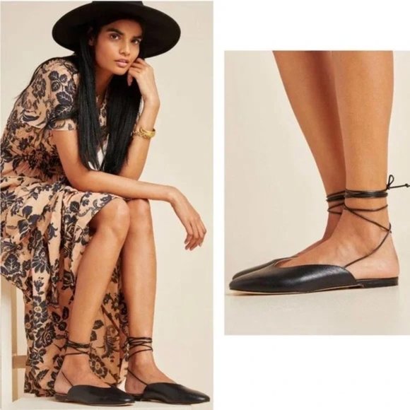 Anthropologie size 7.5 Jaya Black leather Tie Ankle Flats